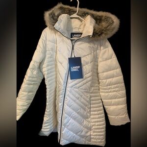 Lands' End Women's White Puffer Coat with Faux Fur Hood